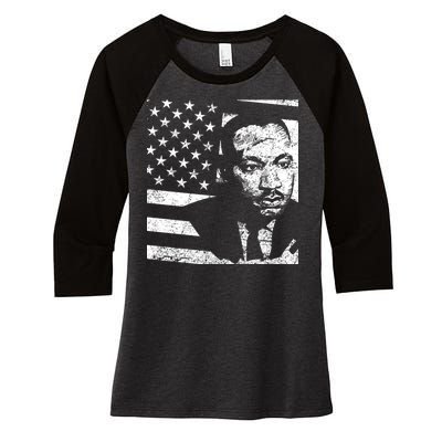 Martin Luther King Jr Distressed MLK Flag Women's Tri-Blend 3/4-Sleeve Raglan Shirt