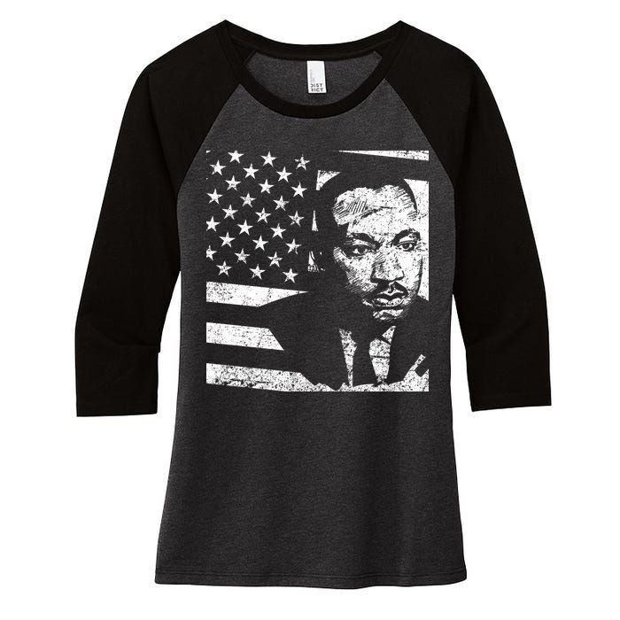 Martin Luther King Jr Distressed MLK Flag Women's Tri-Blend 3/4-Sleeve Raglan Shirt