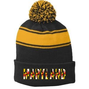 Maryland Word Flag Stripe Pom Pom Beanie