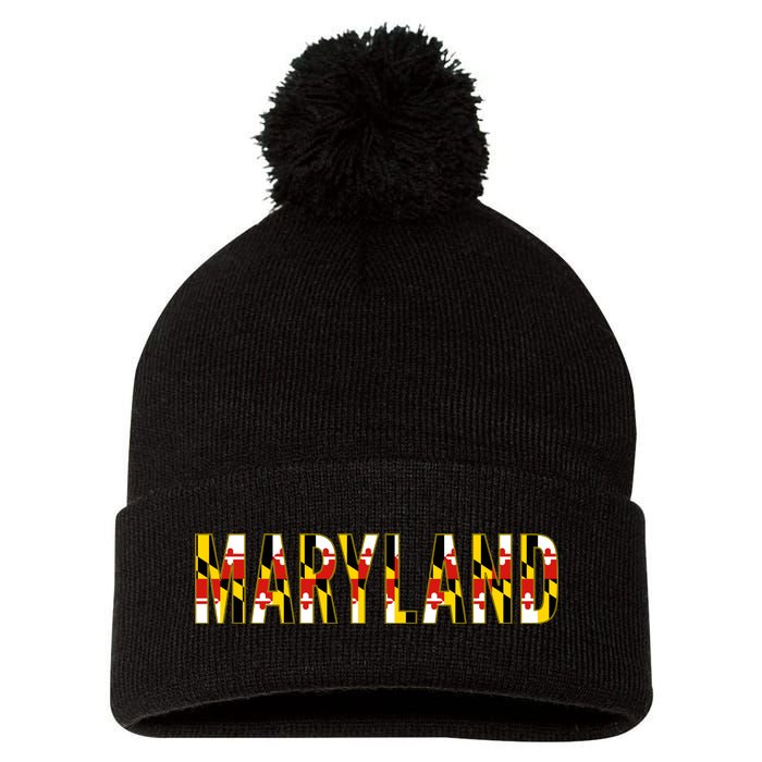 Maryland Word Flag Pom Pom 12in Knit Beanie