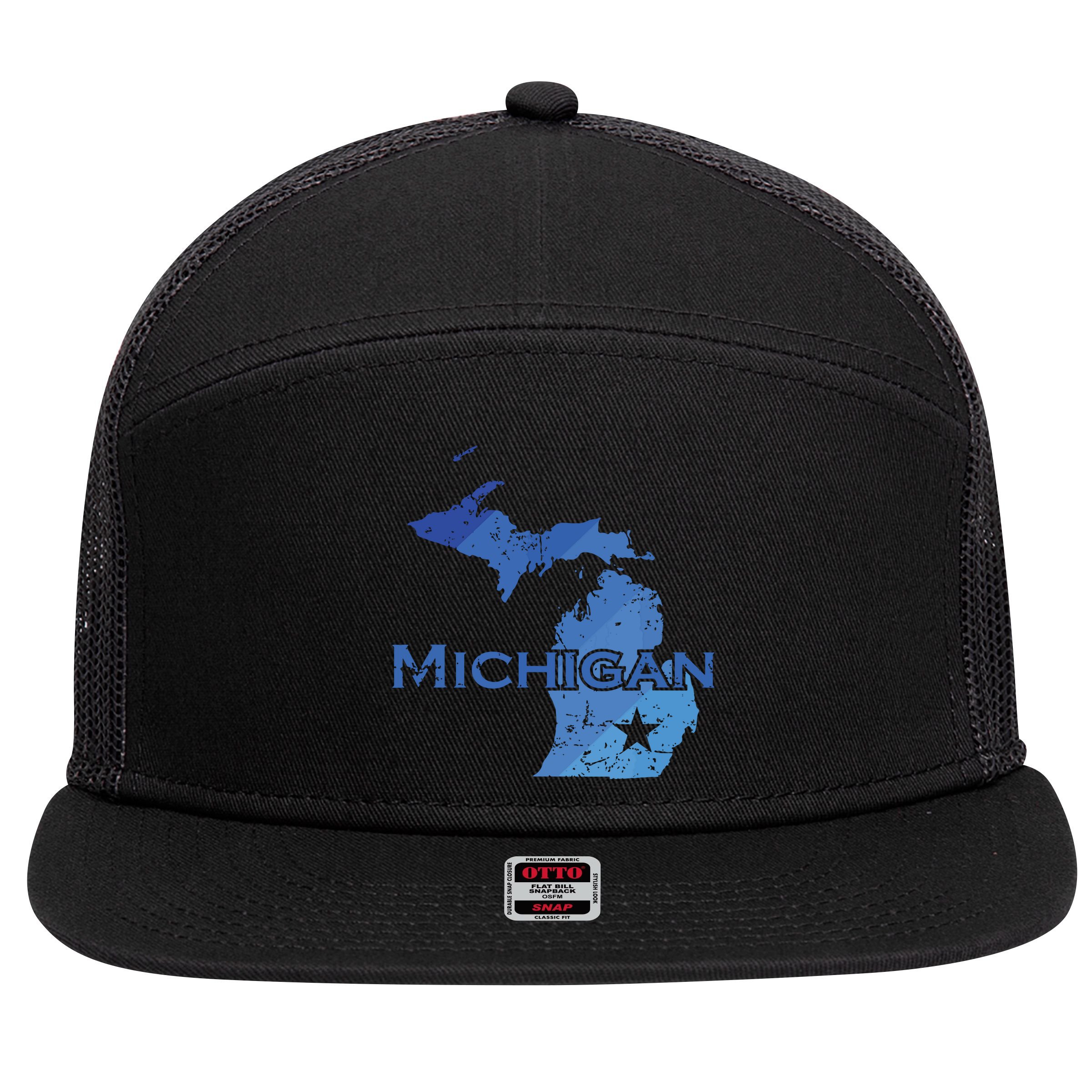 Michigan American State Outline Map Usa 7 Panel Mesh Trucker Snapback Hat