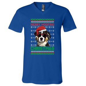 Miniature American Shepherd Dog Merry Woofing Christmas Great Gift V-Neck T-Shirt