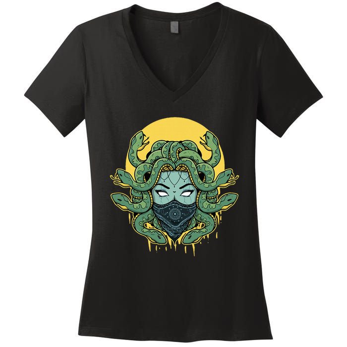 Medusa Abstract Snakes Greek Mythology Gangster Women's V-Neck T-Shirt