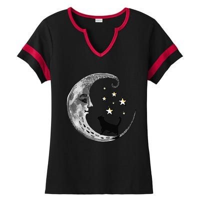 Moon And Stars With Black Cat Ladies Halftime Notch Neck Tee