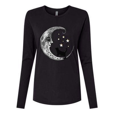 Moon And Stars With Black Cat Womens Cotton Relaxed Long Sleeve T-Shirt