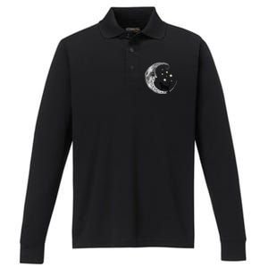 Moon And Stars With Black Cat Performance Long Sleeve Polo