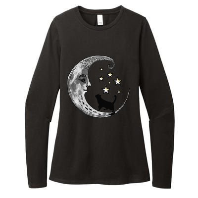 Moon And Stars With Black Cat Womens CVC Long Sleeve Shirt