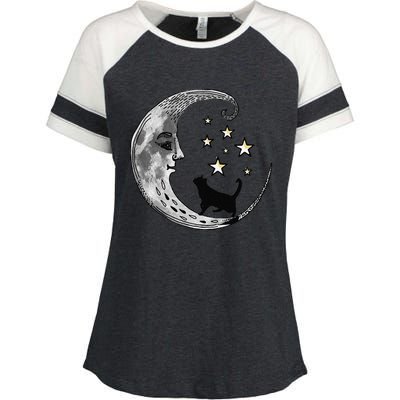 Moon And Stars With Black Cat Enza Ladies Jersey Colorblock Tee