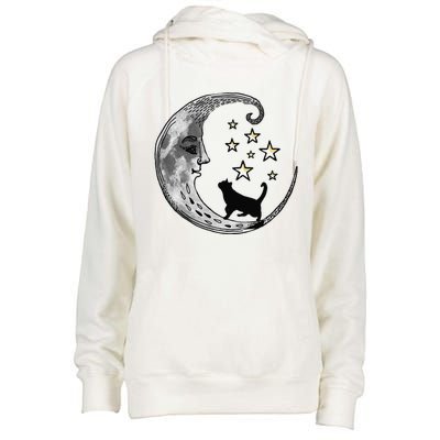 Moon And Stars With Black Cat Womens Funnel Neck Pullover Hood