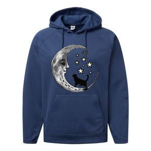 Moon And Stars With Black Cat Performance Fleece Hoodie