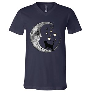 Moon And Stars With Black Cat V-Neck T-Shirt