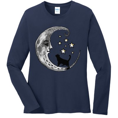 Moon And Stars With Black Cat Ladies Long Sleeve Shirt