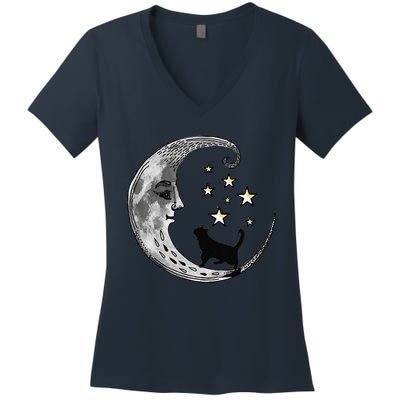 Moon And Stars With Black Cat Women's V-Neck T-Shirt