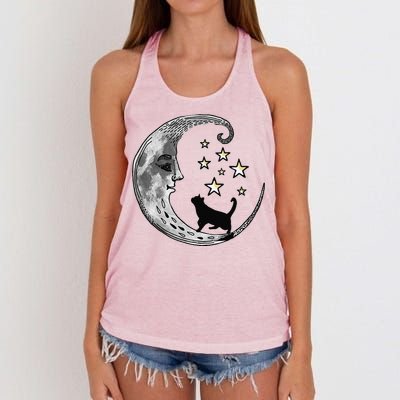 Moon And Stars With Black Cat Women's Knotted Racerback Tank