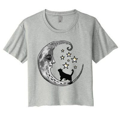 Moon And Stars With Black Cat Women's Crop Top Tee