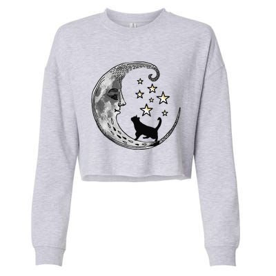 Moon And Stars With Black Cat Cropped Pullover Crew