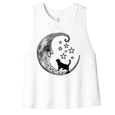 Moon And Stars With Black Cat Women's Racerback Cropped Tank