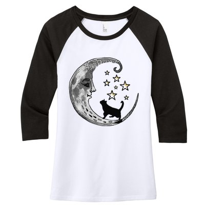 Moon And Stars With Black Cat Women's Tri-Blend 3/4-Sleeve Raglan Shirt