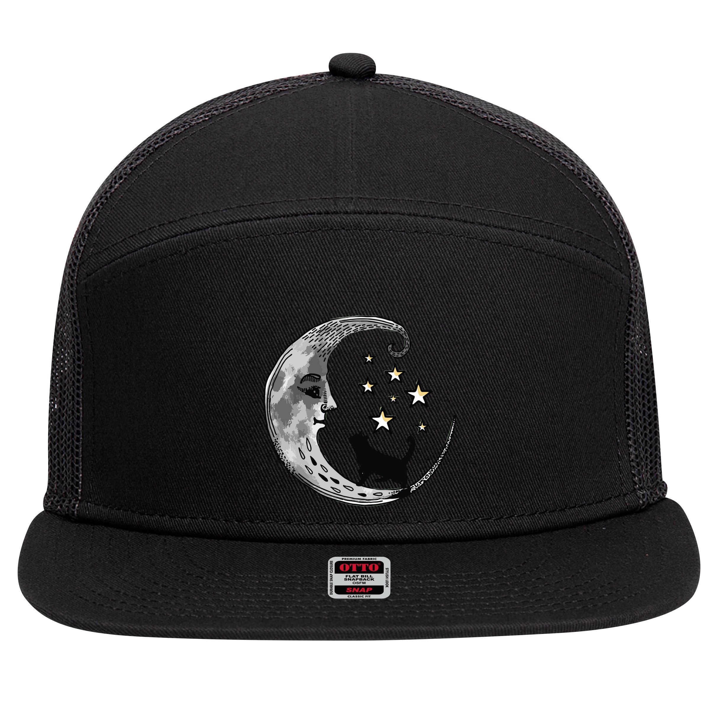 Moon And Stars With Black Cat 7 Panel Mesh Trucker Snapback Hat