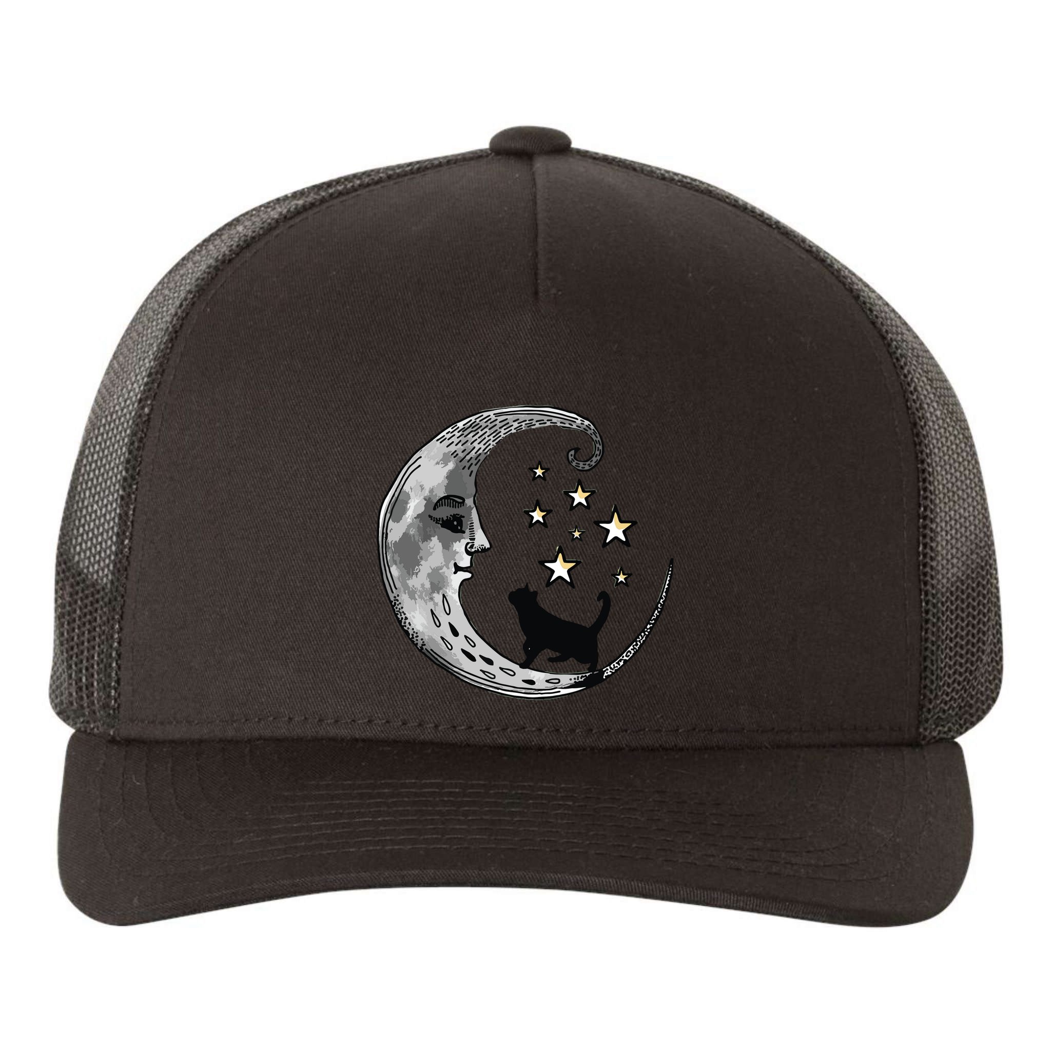Moon And Stars With Black Cat Yupoong Adult 5-Panel Trucker Hat