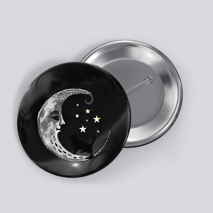 Moon And Stars With Black Cat Button