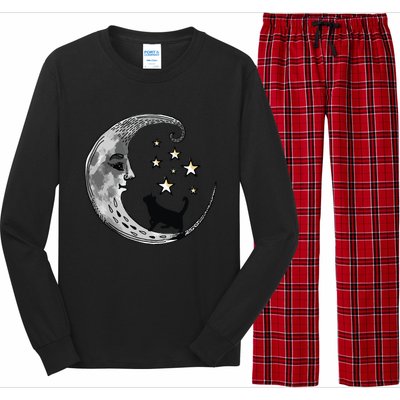 Moon And Stars With Black Cat Long Sleeve Pajama Set