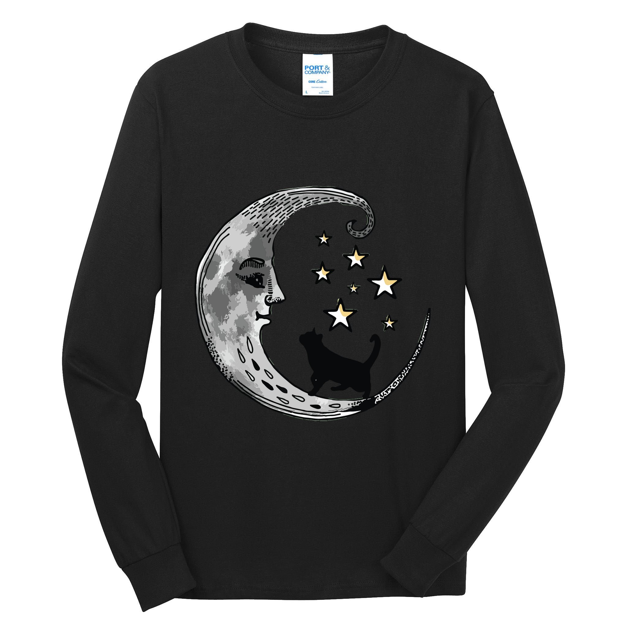 Moon And Stars With Black Cat Tall Long Sleeve T-Shirt