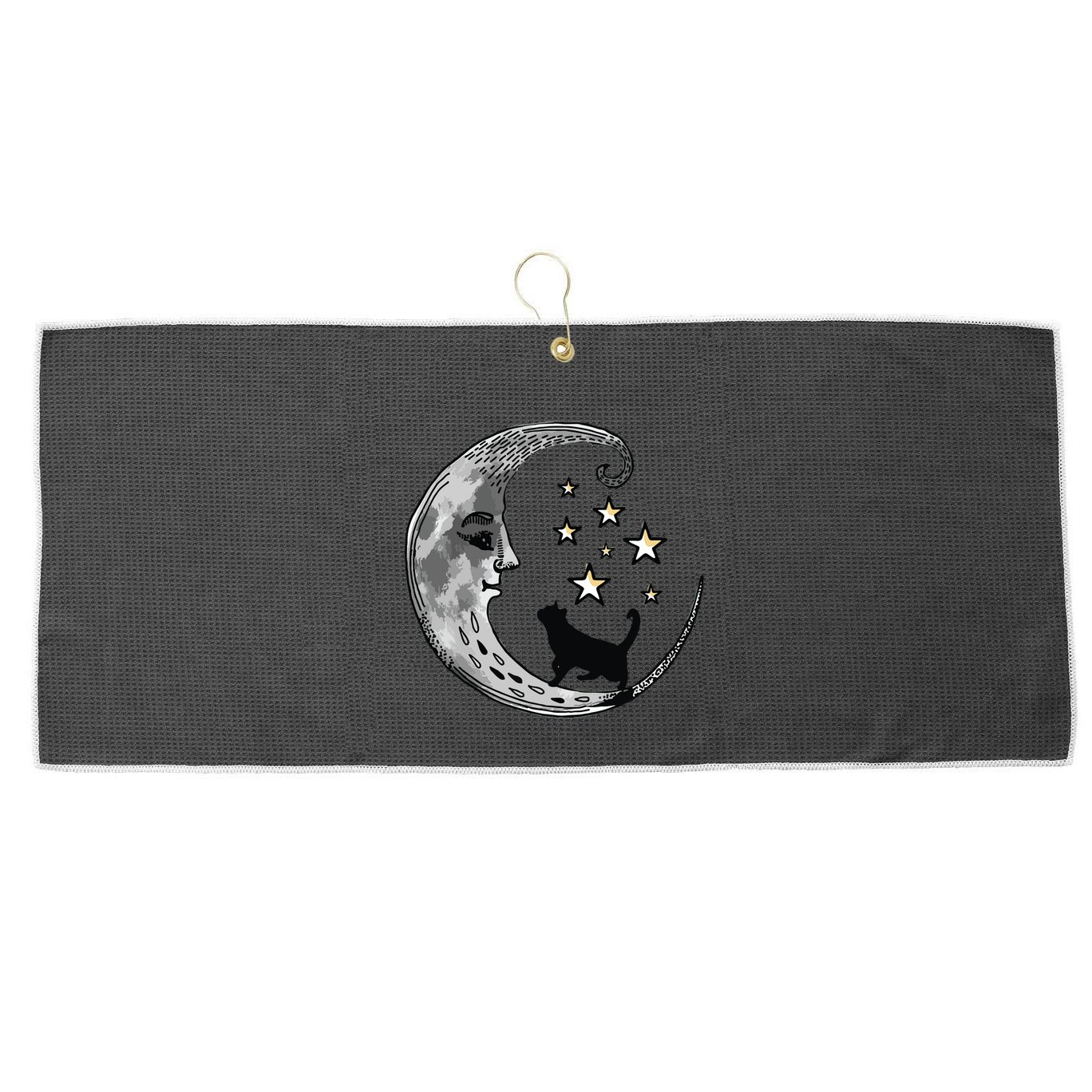 Moon And Stars With Black Cat Large Microfiber Waffle Golf Towel