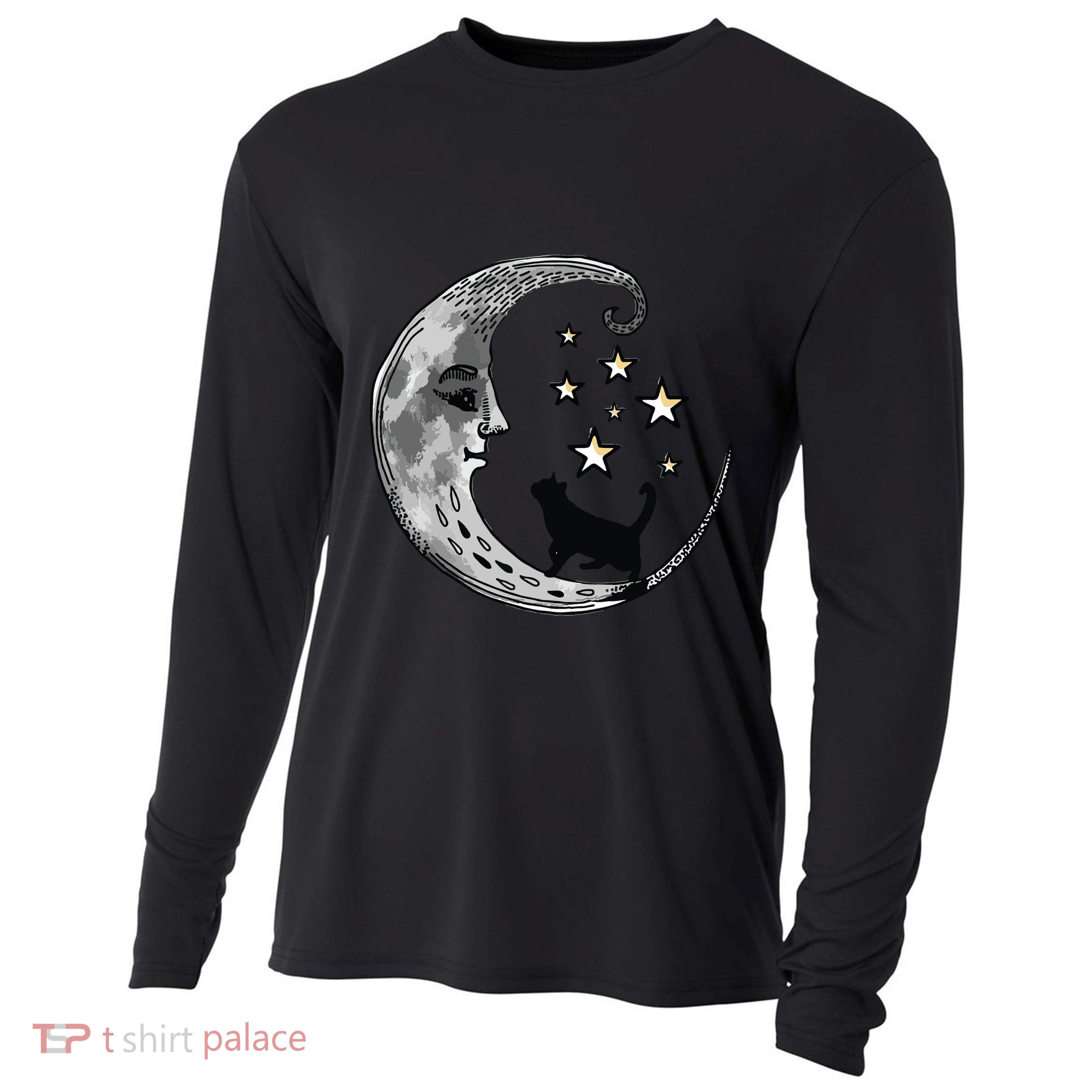 Moon And Stars With Black Cat Cooling Performance Long Sleeve Crew