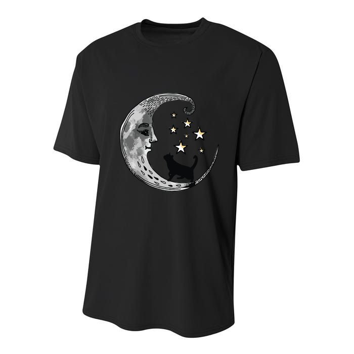 Moon And Stars With Black Cat Youth Performance Sprint T-Shirt