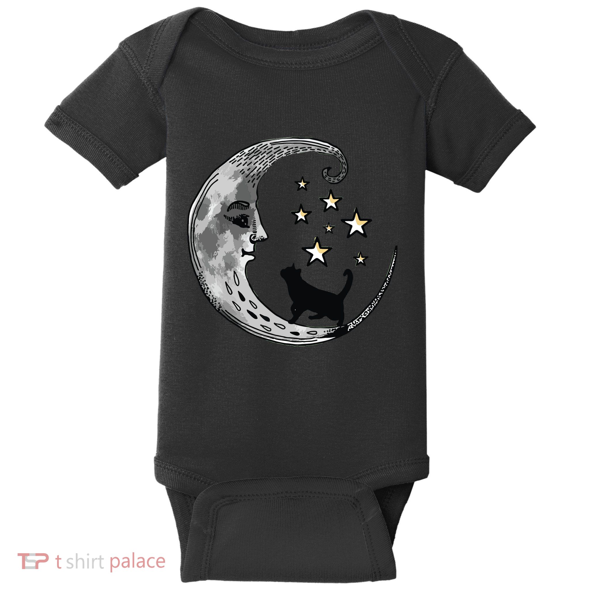 Moon And Stars With Black Cat Baby Bodysuit
