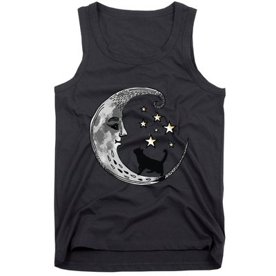 Moon And Stars With Black Cat Tank Top