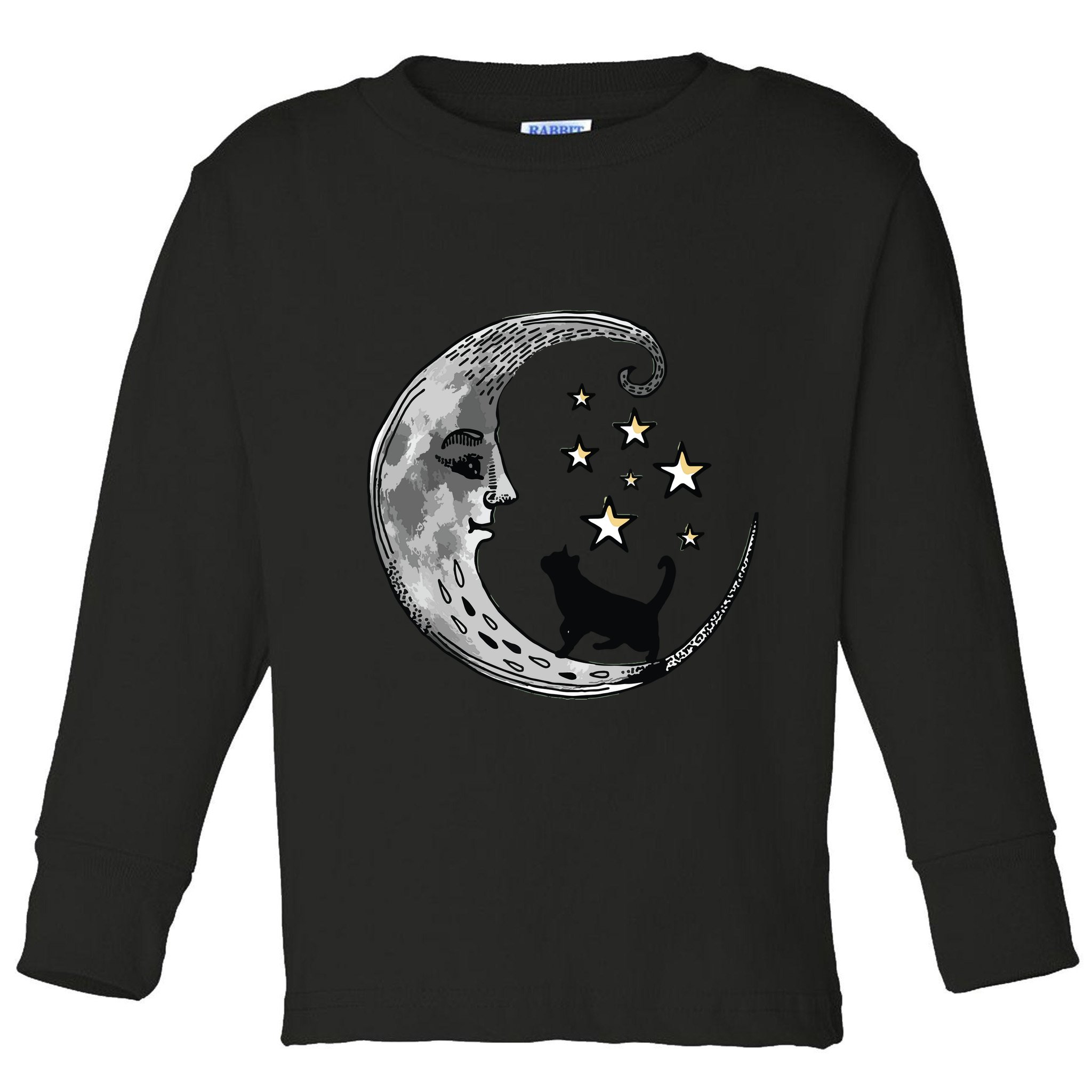 Moon And Stars With Black Cat Toddler Long Sleeve Shirt