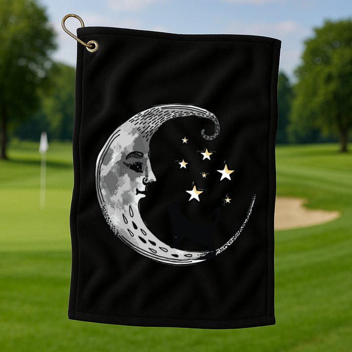 Moon And Stars With Black Cat Golf Towel