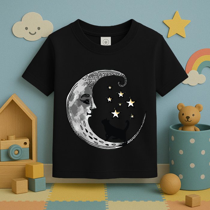 Moon And Stars With Black Cat Toddler T-Shirt