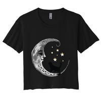 Moon And Stars With Black Cat Women's Crop Top Tee