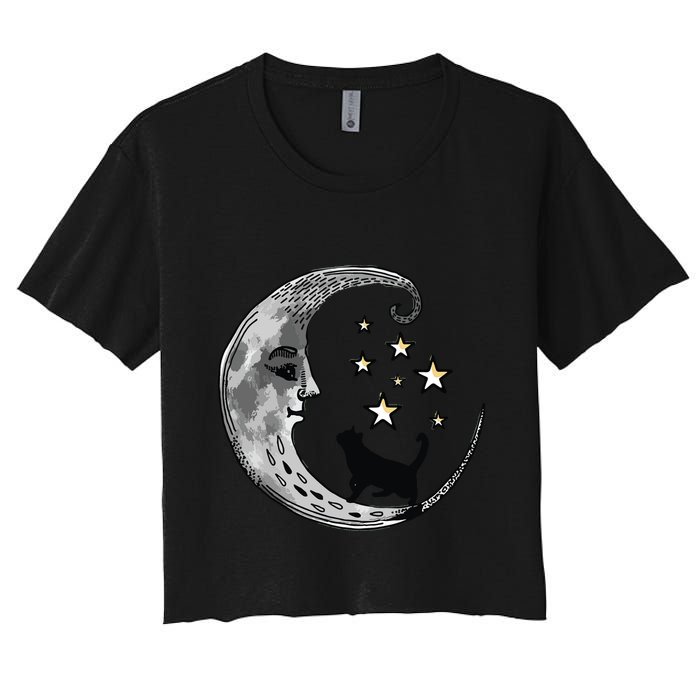Moon And Stars With Black Cat Women's Crop Top Tee