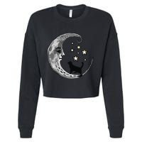Moon And Stars With Black Cat Cropped Pullover Crew