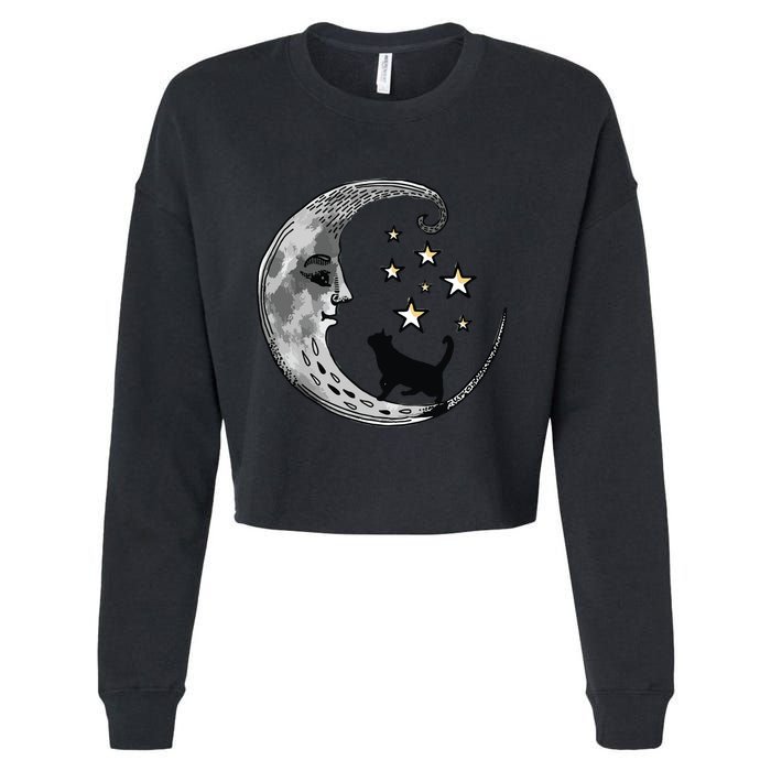 Moon And Stars With Black Cat Cropped Pullover Crew