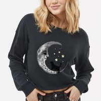 Moon And Stars With Black Cat Cropped Pullover Crew