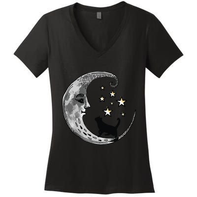 Moon And Stars With Black Cat Women's V-Neck T-Shirt
