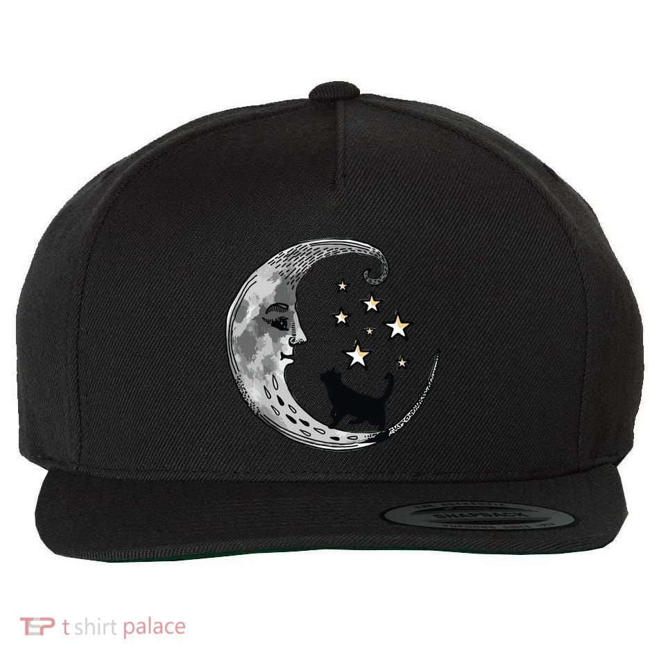 Moon And Stars With Black Cat Wool Snapback Cap