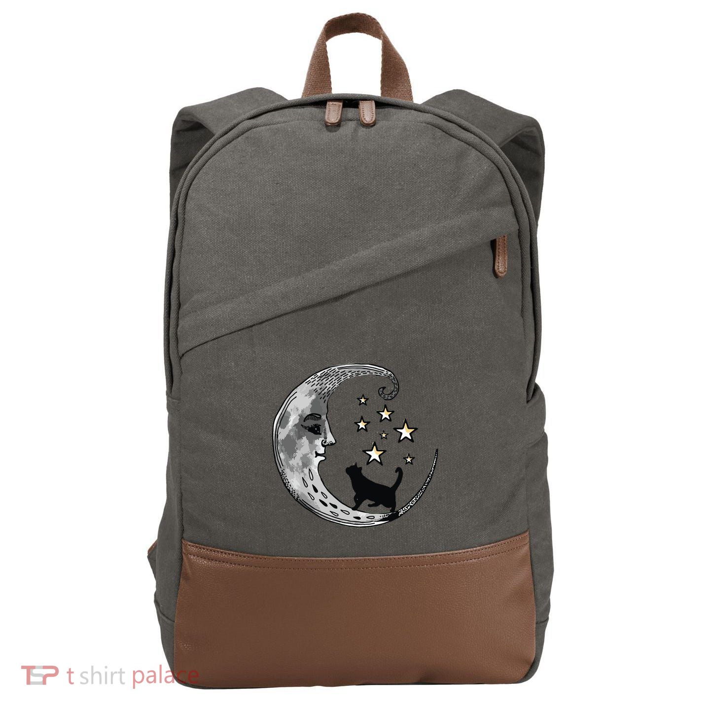 Moon And Stars With Black Cat Cotton Canvas Backpack