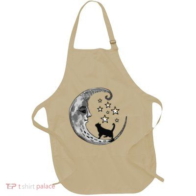 Moon And Stars With Black Cat Full-Length Apron With Pockets