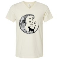 Moon And Stars With Black Cat V-Neck T-Shirt