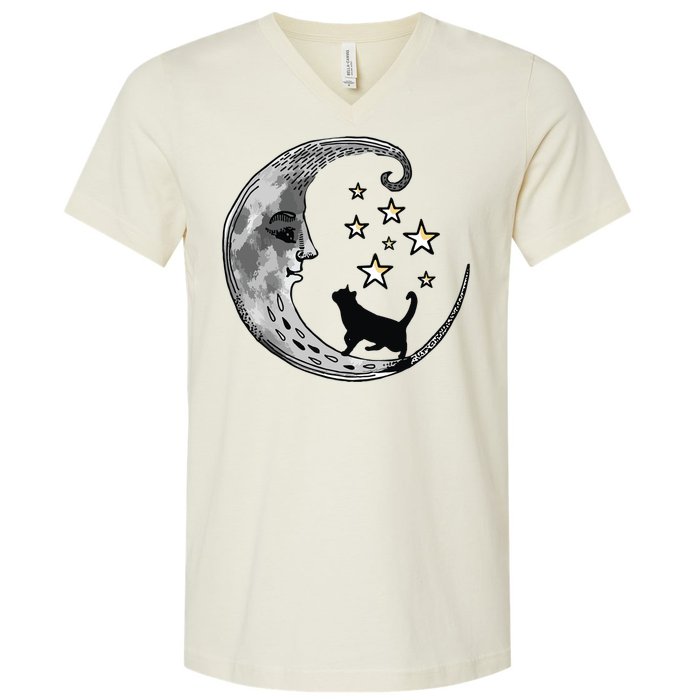 Moon And Stars With Black Cat V-Neck T-Shirt