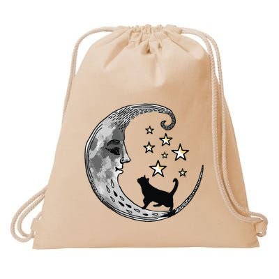 Moon And Stars With Black Cat Drawstring Bag