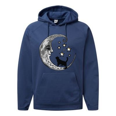 Moon And Stars With Black Cat Performance Fleece Hoodie