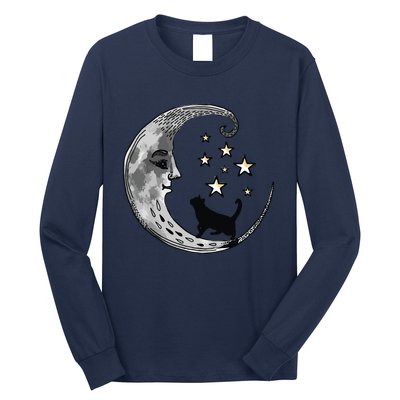 Moon And Stars With Black Cat Long Sleeve Shirt