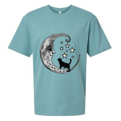 Moon And Stars With Black Cat Sueded Cloud Jersey T-Shirt